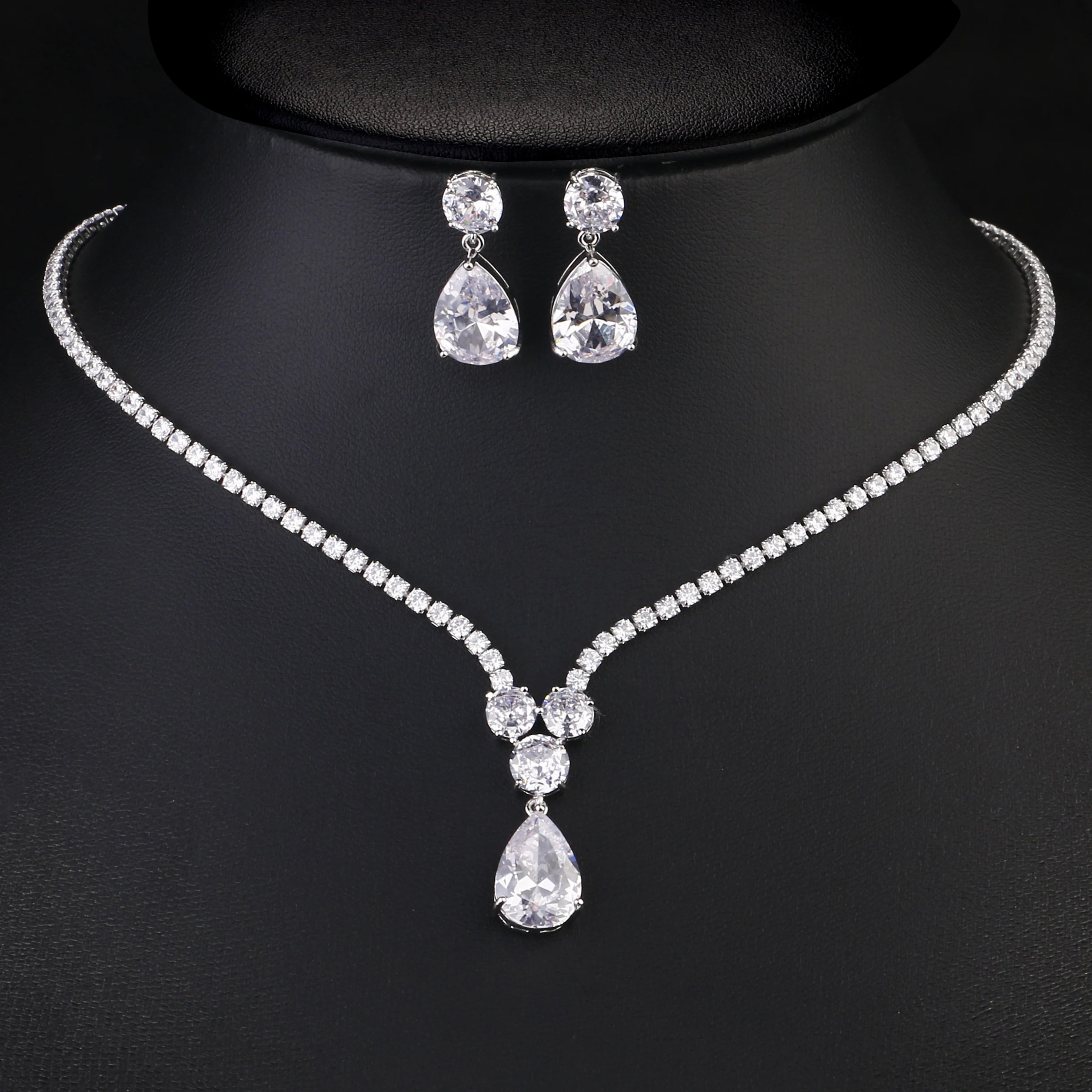 ZAKOL Luxury Geometric Water Drop Big Zircon Wedding Jewelry Set for Women Shiny Full Crystal CZ Earring Necklace 2 Pcs Sets