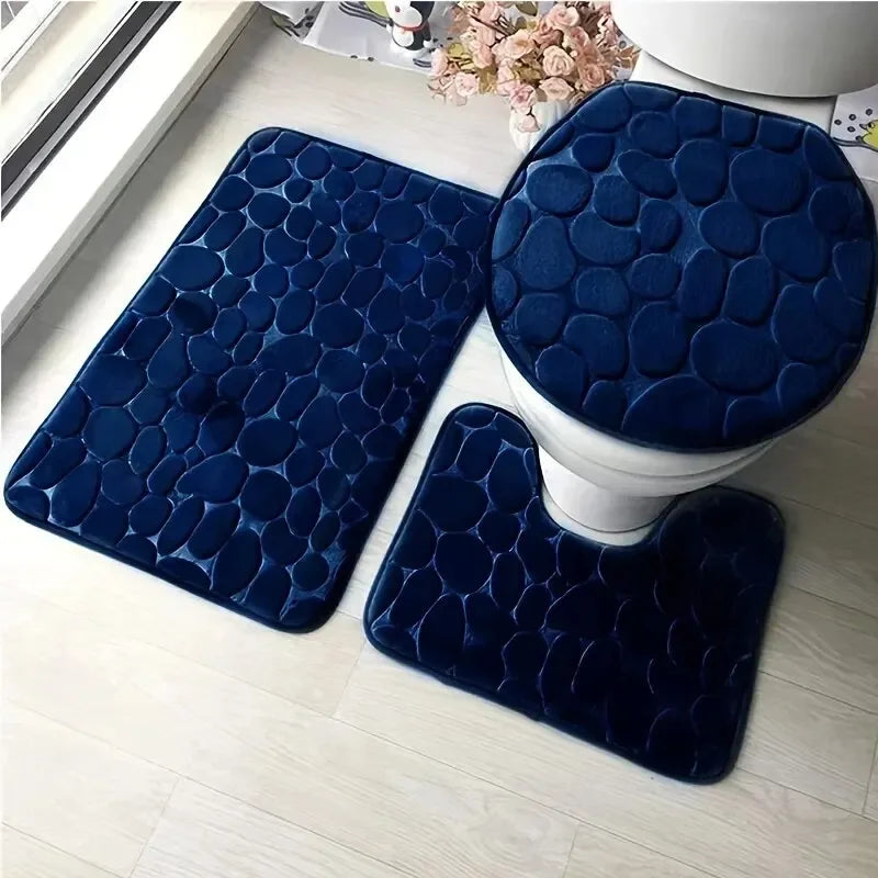 Toilet Seat Cover 3Pcs Set Bath Mat Shower Room Floor Rug Home Bathroom Anti-Slip Absorbent Doormat Pebbles Bathtub Decor Carpet