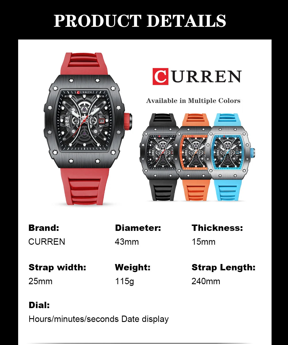 CURREN Men 3D Watch Top Brand Quartz Stainless Steel Watches Waterproof Creative Clock Silicone Strap Wrist watch