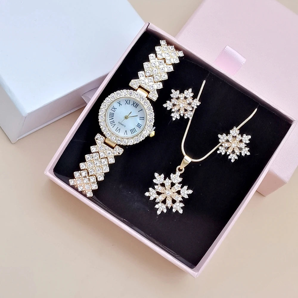 Luxury Rhinestone Watch Fashion Women Quartz Watches With Crystal Snowflake Jewelry Set Earrings Necklace Female Clock With Box