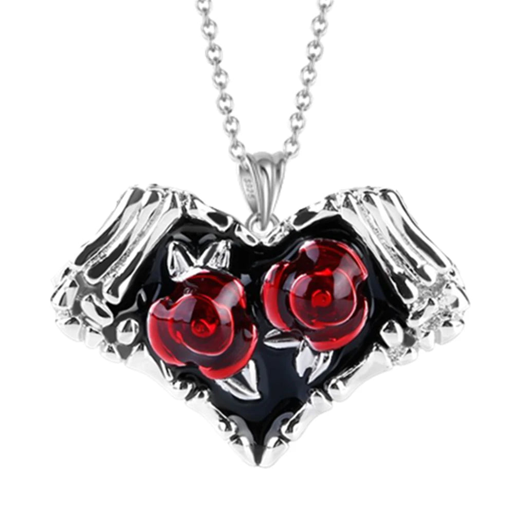 Romantic Heart Shaped Rose Pendant Necklace Red and White Rhinestone Women's Necklace Exquisite Jewelry Valentine's Day Gifts