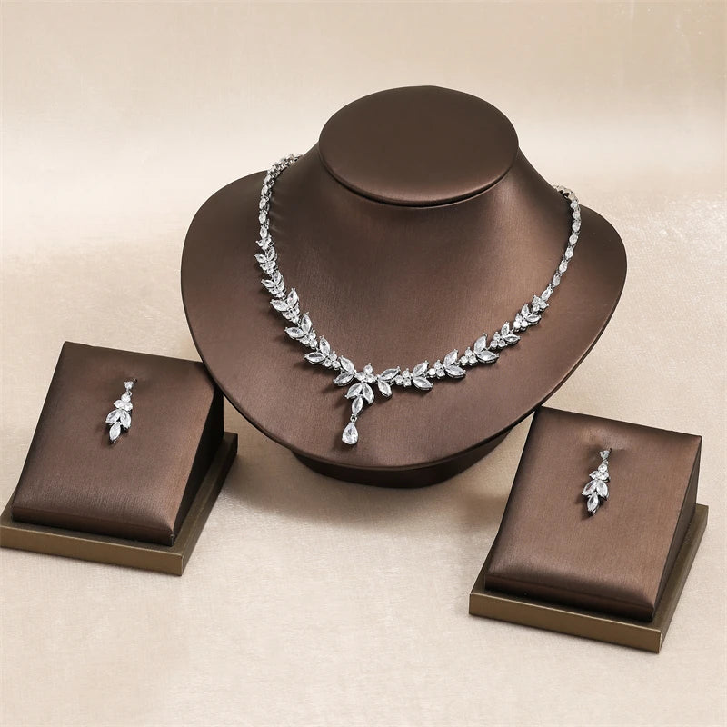 RAKOL Luxury Necklace Earring Set For Women AAA+ Zircon New Flower Leaf Fashion Bridal Wedding Party Charm Jewelry Set