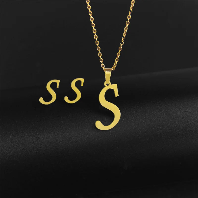 A-Z 26 charm Initial Necklace And Stud Earrings Jewelry Sets Alphabet Pendant Chain Letter mom Gifts Drop Shipping