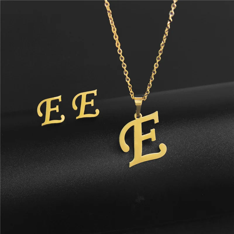 A-Z 26 charm Initial Necklace And Stud Earrings Jewelry Sets Alphabet Pendant Chain Letter mom Gifts Drop Shipping