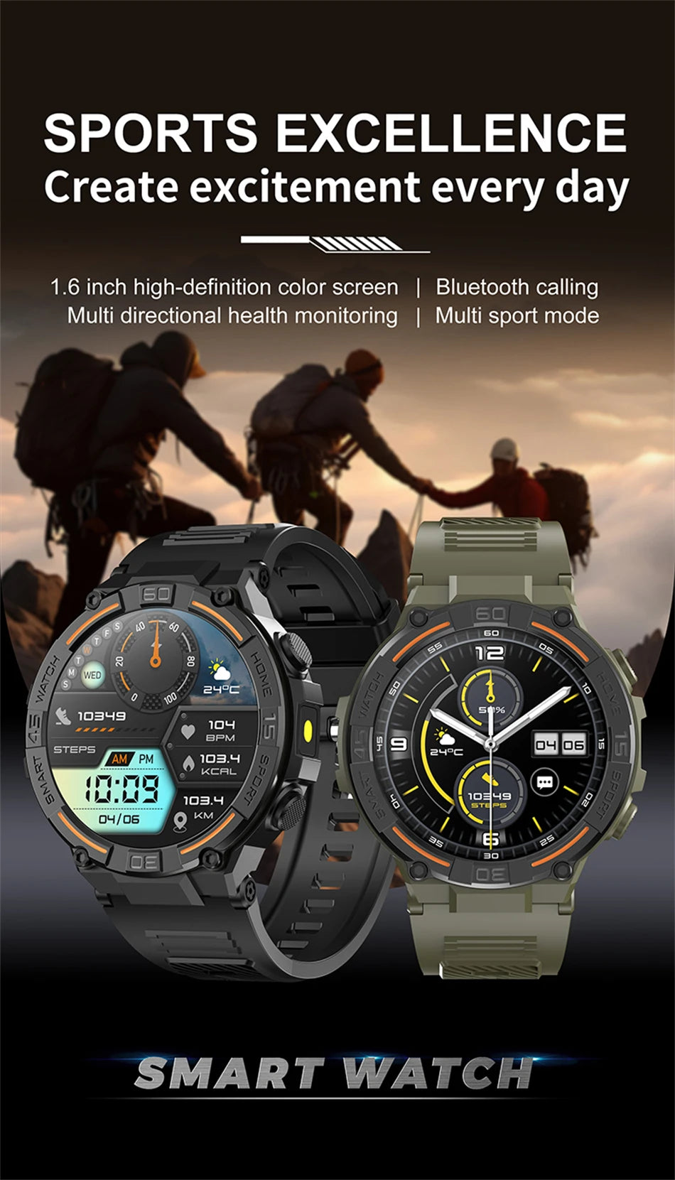 Smartwatch Military Men 360*360 HD Screen Flashlight Health Monitoring Waterproof Heart Rate BT Call Smart Watch For Android IOS