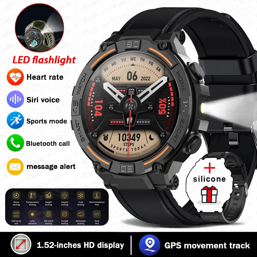 Smartwatch Military Men 360*360 HD Screen Flashlight Health Monitoring Waterproof Heart Rate BT Call Smart Watch For Android IOS