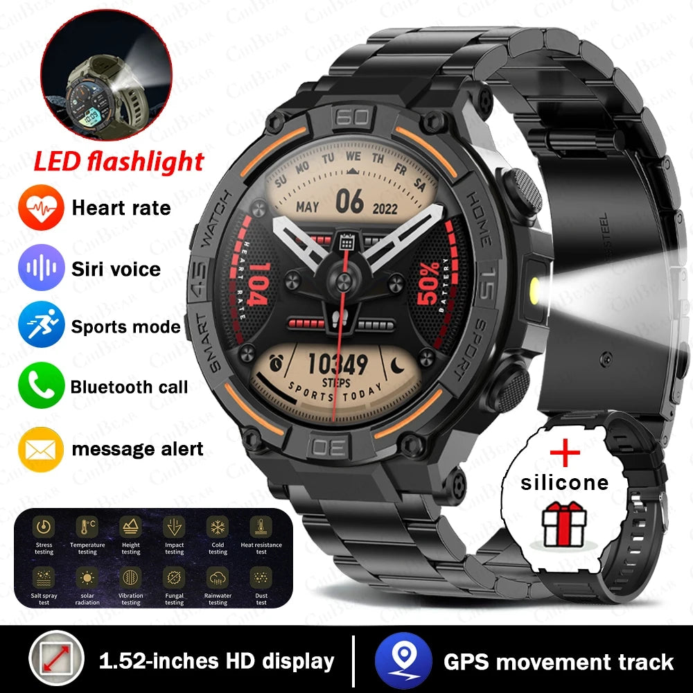 Smartwatch Military Men 360*360 HD Screen Flashlight Health Monitoring Waterproof Heart Rate BT Call Smart Watch For Android IOS