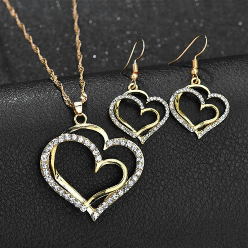 3 Pcs Set Heart Shaped Jewelry Set Of Earrings Pendant Necklace For Women Exquisite Fashion Rhinestone Double Heart Jewelry Set