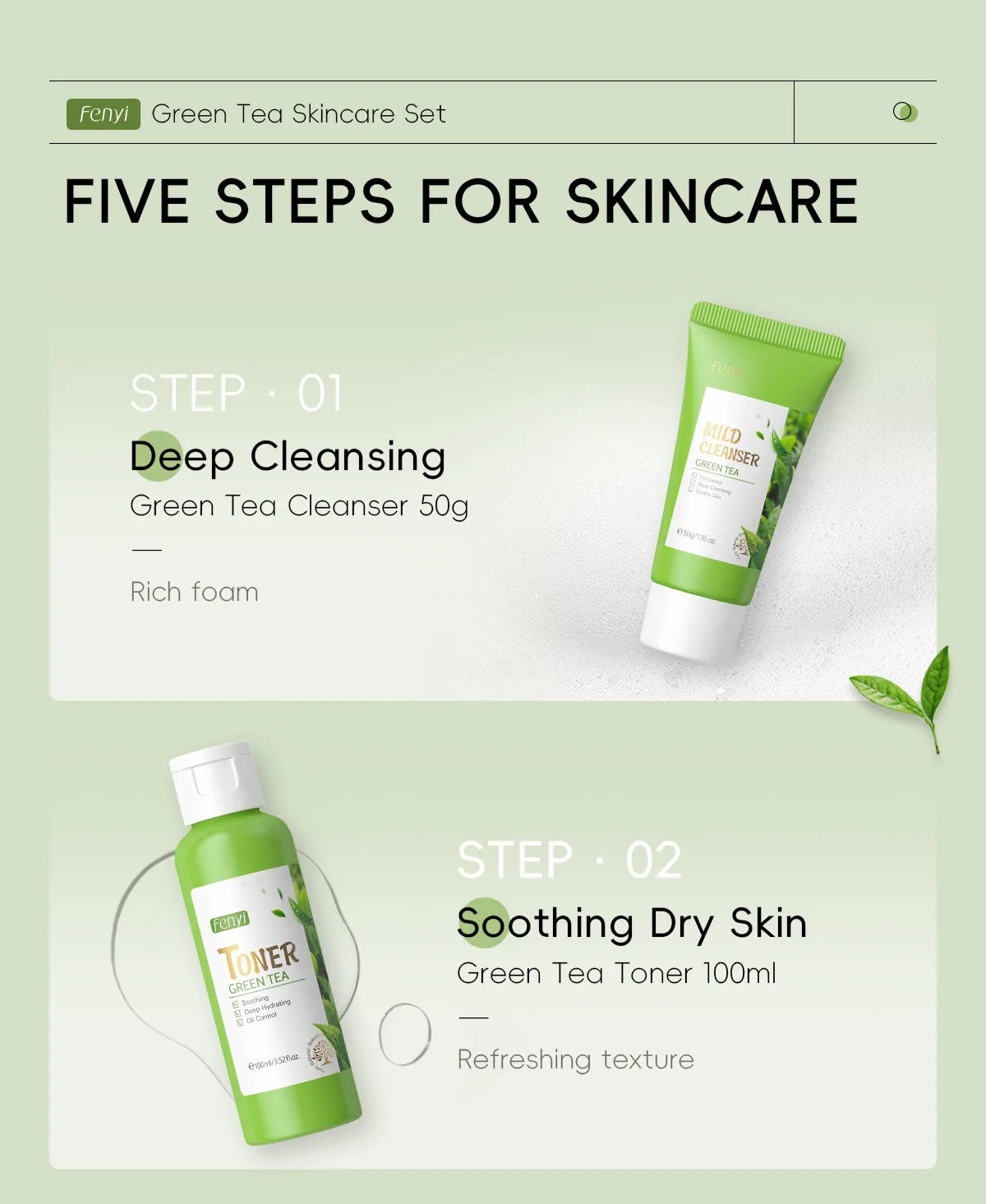 5pcs/box Skin Care Set Green Tea Facial Cleaner Soothes Skin Face Toner tea Serum Moisturizing Cream Repairing Eye Cream Kits