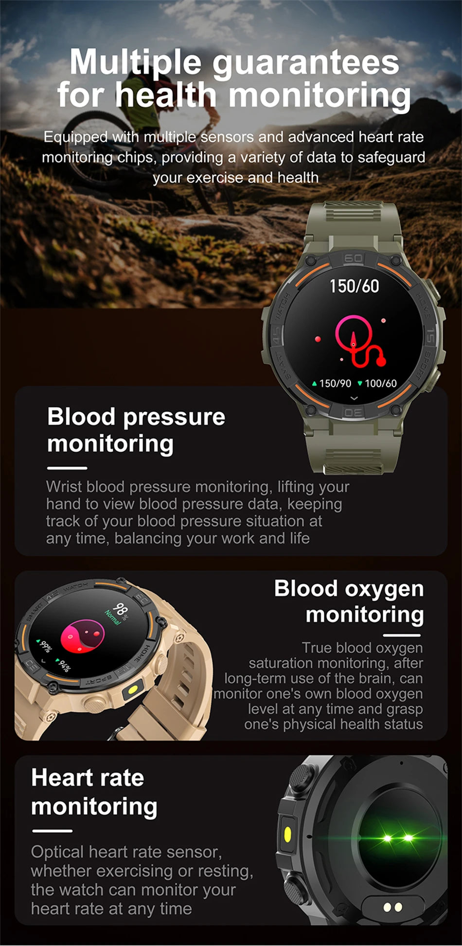 Smartwatch Military Men 360*360 HD Screen Flashlight Health Monitoring Waterproof Heart Rate BT Call Smart Watch For Android IOS