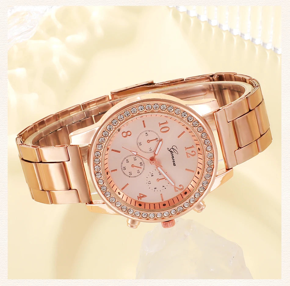 6PCS Set Rose Gold Luxury Watch Women Ring Necklace Earring Rhinestone Fashion Wristwatch Casual Ladies Bracelet Watches