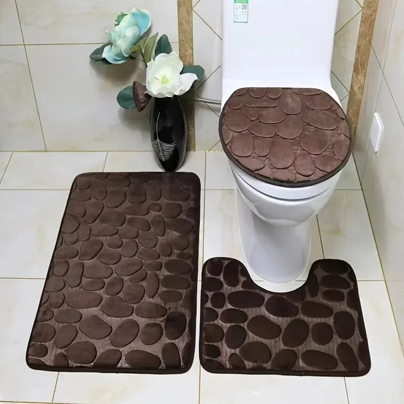 Toilet Seat Cover 3Pcs Set Bath Mat Shower Room Floor Rug Home Bathroom Anti-Slip Absorbent Doormat Pebbles Bathtub Decor Carpet