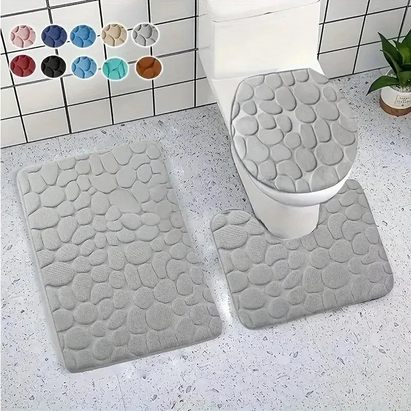 Toilet Seat Cover 3Pcs Set Bath Mat Shower Room Floor Rug Home Bathroom Anti-Slip Absorbent Doormat Pebbles Bathtub Decor Carpet