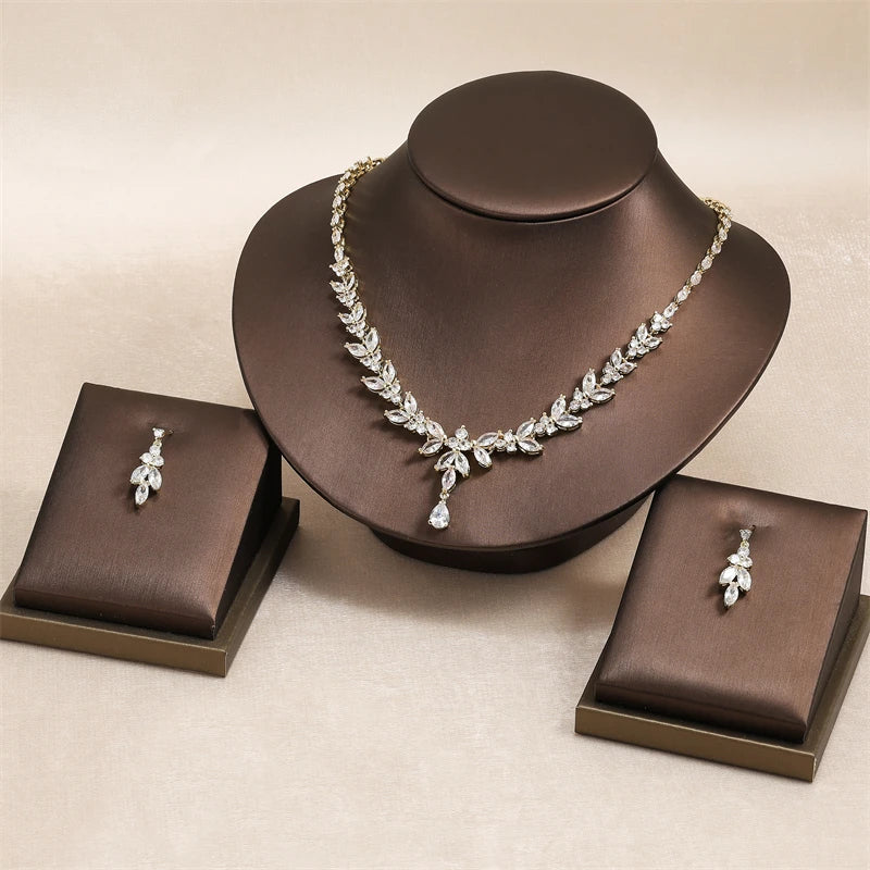 RAKOL Luxury Necklace Earring Set For Women AAA+ Zircon New Flower Leaf Fashion Bridal Wedding Party Charm Jewelry Set