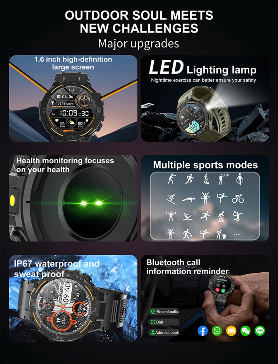 Smartwatch Military Men 360*360 HD Screen Flashlight Health Monitoring Waterproof Heart Rate BT Call Smart Watch For Android IOS