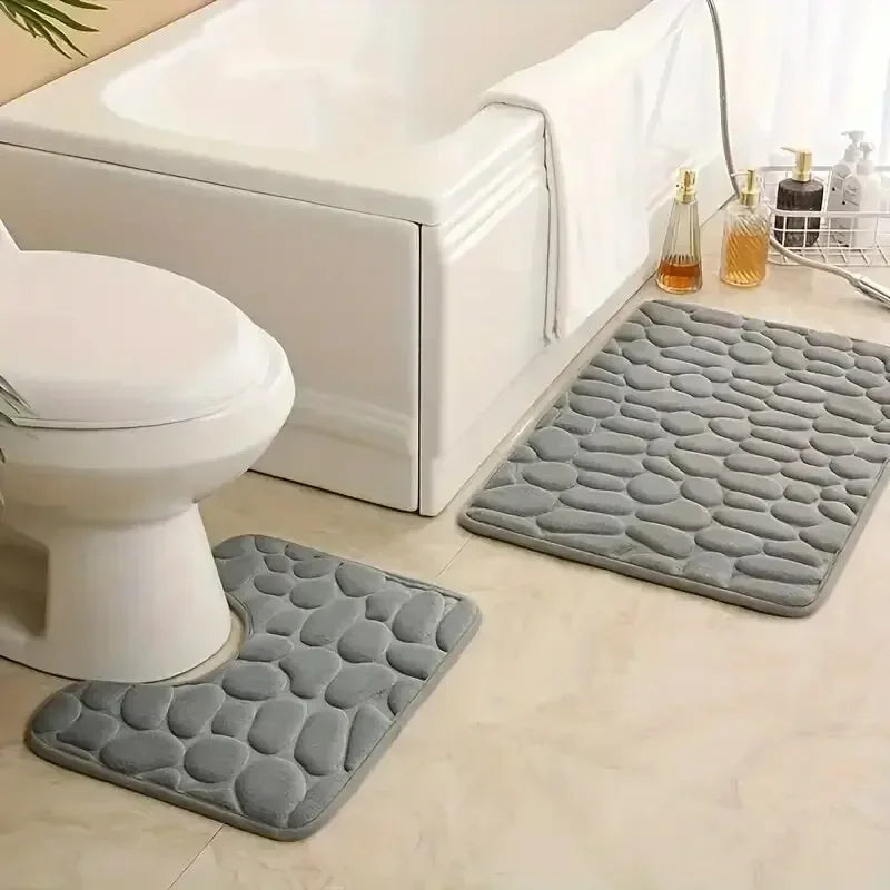 Toilet Seat Cover 3Pcs Set Bath Mat Shower Room Floor Rug Home Bathroom Anti-Slip Absorbent Doormat Pebbles Bathtub Decor Carpet