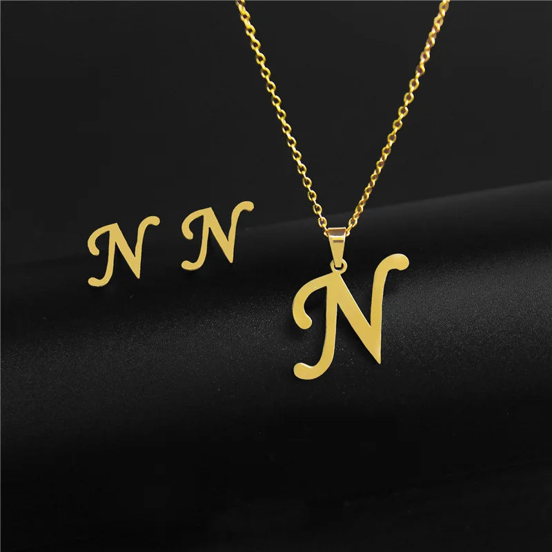 A-Z 26 charm Initial Necklace And Stud Earrings Jewelry Sets Alphabet Pendant Chain Letter mom Gifts Drop Shipping