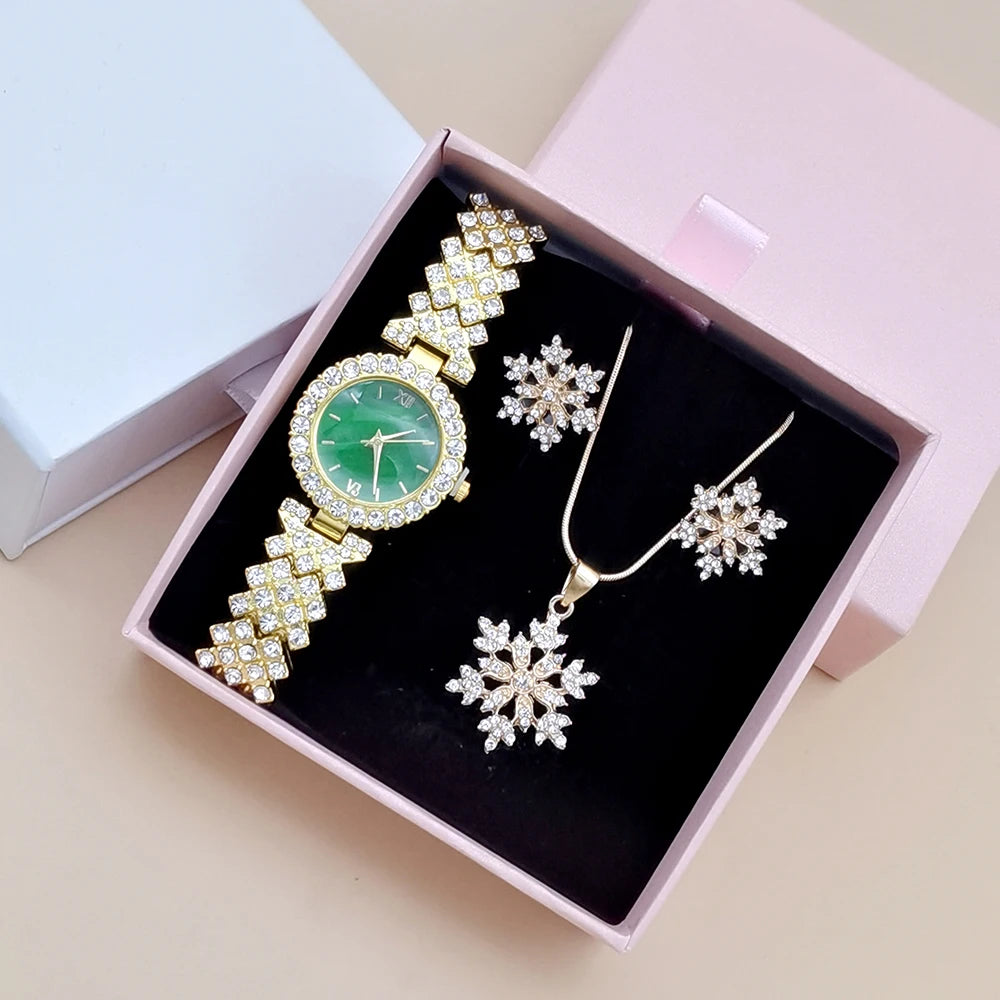 Luxury Rhinestone Watch Fashion Women Quartz Watches With Crystal Snowflake Jewelry Set Earrings Necklace Female Clock With Box