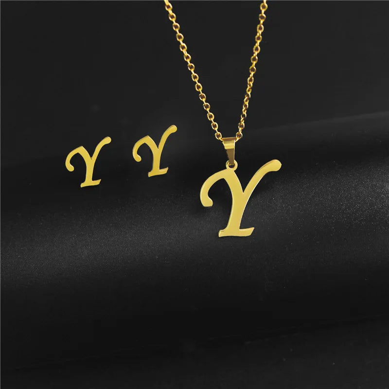 A-Z 26 charm Initial Necklace And Stud Earrings Jewelry Sets Alphabet Pendant Chain Letter mom Gifts Drop Shipping