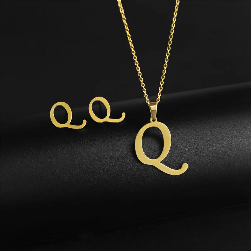 A-Z 26 charm Initial Necklace And Stud Earrings Jewelry Sets Alphabet Pendant Chain Letter mom Gifts Drop Shipping