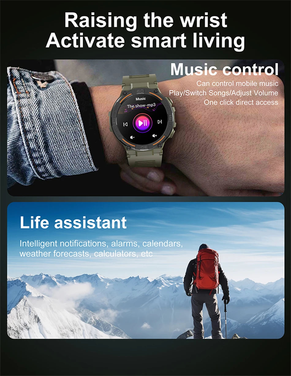 Smartwatch Military Men 360*360 HD Screen Flashlight Health Monitoring Waterproof Heart Rate BT Call Smart Watch For Android IOS