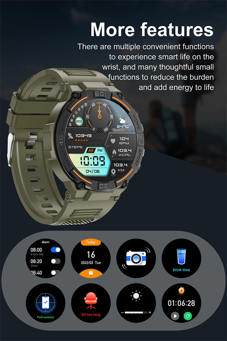 Smartwatch Military Men 360*360 HD Screen Flashlight Health Monitoring Waterproof Heart Rate BT Call Smart Watch For Android IOS