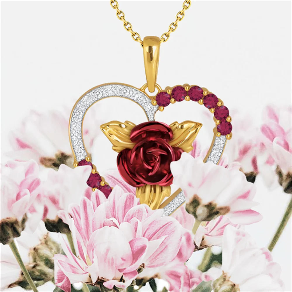 Romantic Heart Shaped Rose Pendant Necklace Red and White Rhinestone Women's Necklace Exquisite Jewelry Valentine's Day Gifts