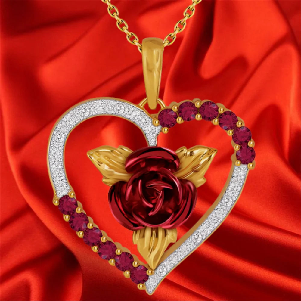 Romantic Heart Shaped Rose Pendant Necklace Red and White Rhinestone Women's Necklace Exquisite Jewelry Valentine's Day Gifts