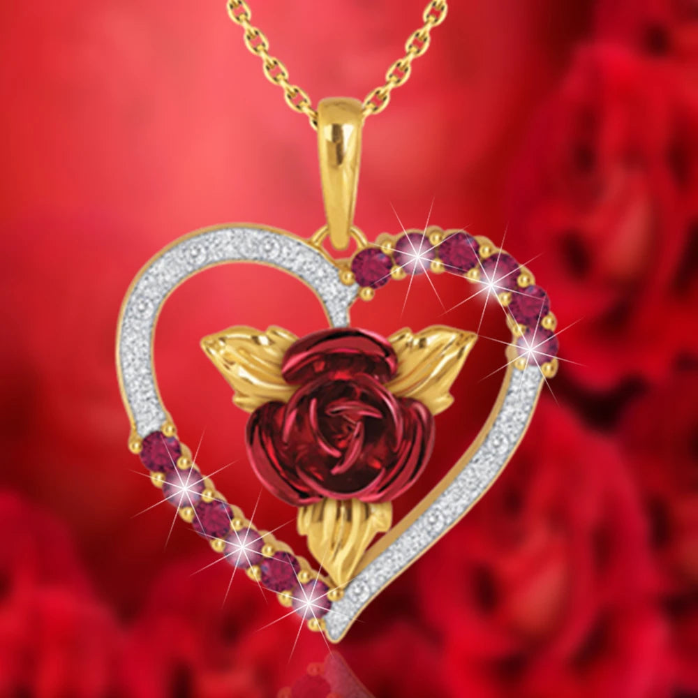 Romantic Heart Shaped Rose Pendant Necklace Red and White Rhinestone Women's Necklace Exquisite Jewelry Valentine's Day Gifts