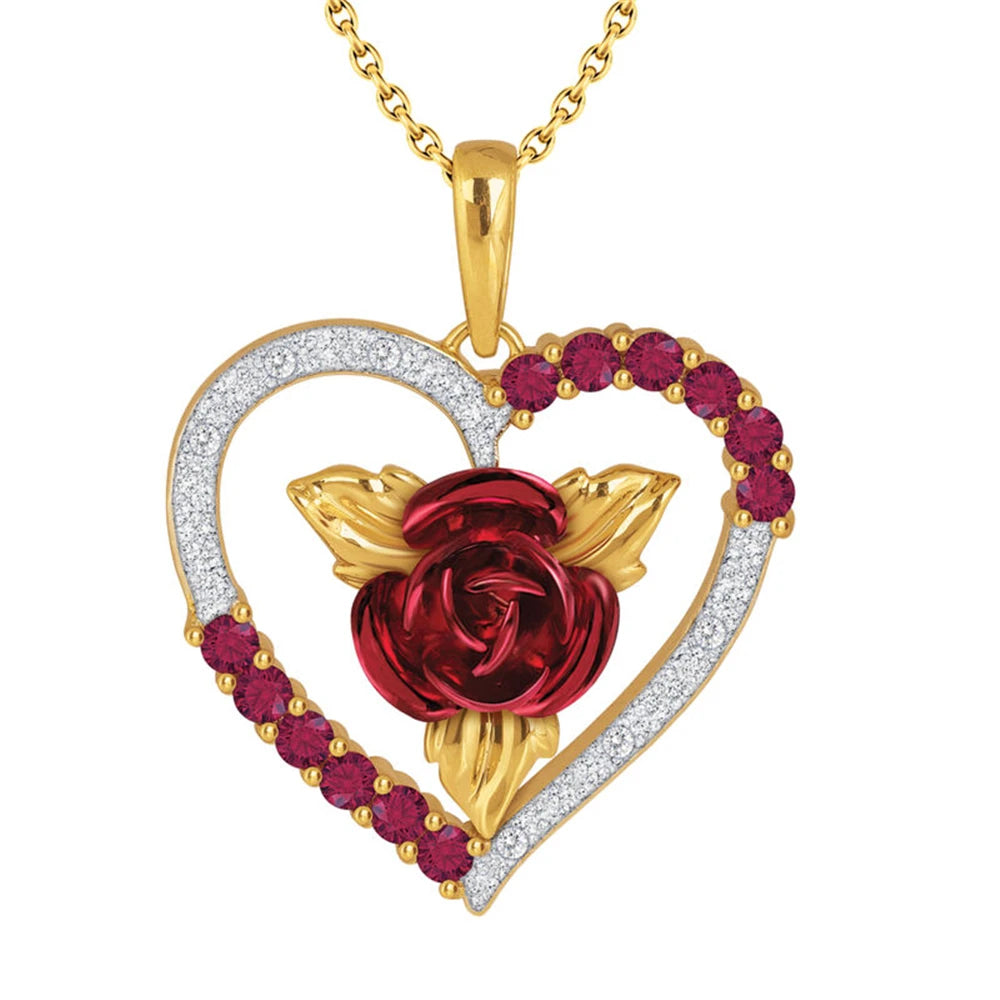 Romantic Heart Shaped Rose Pendant Necklace Red and White Rhinestone Women's Necklace Exquisite Jewelry Valentine's Day Gifts