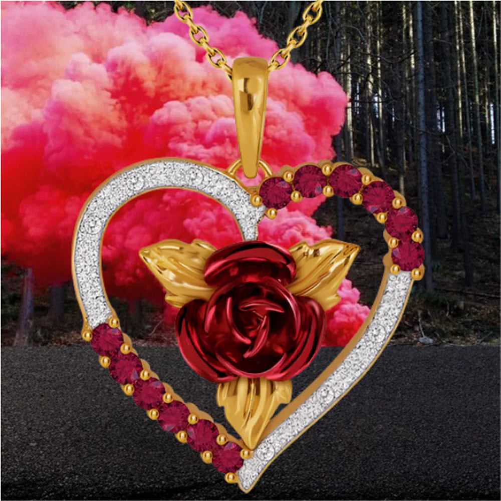 Romantic Heart Shaped Rose Pendant Necklace Red and White Rhinestone Women's Necklace Exquisite Jewelry Valentine's Day Gifts